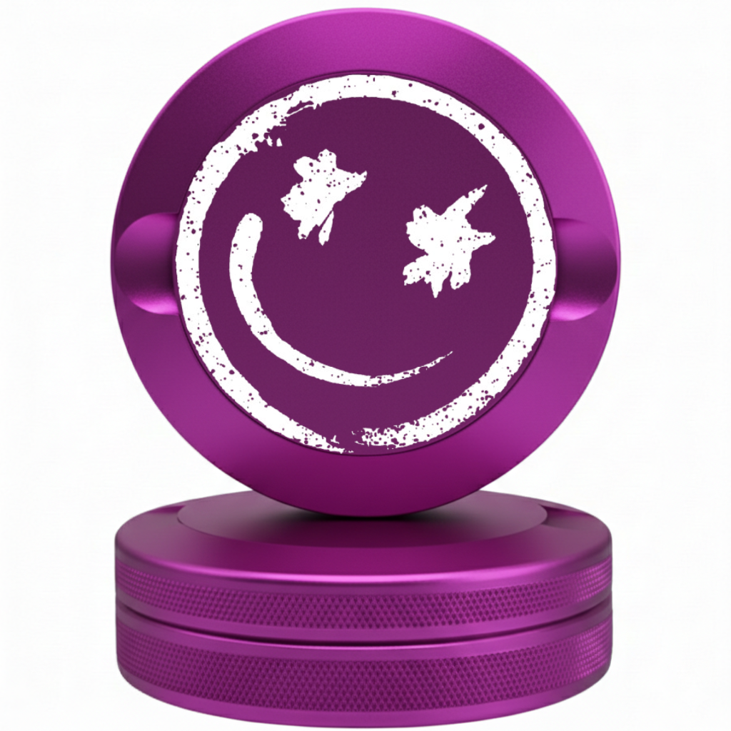 Bin Bros purple metal pouch tin with a classic smiley face design for EDC