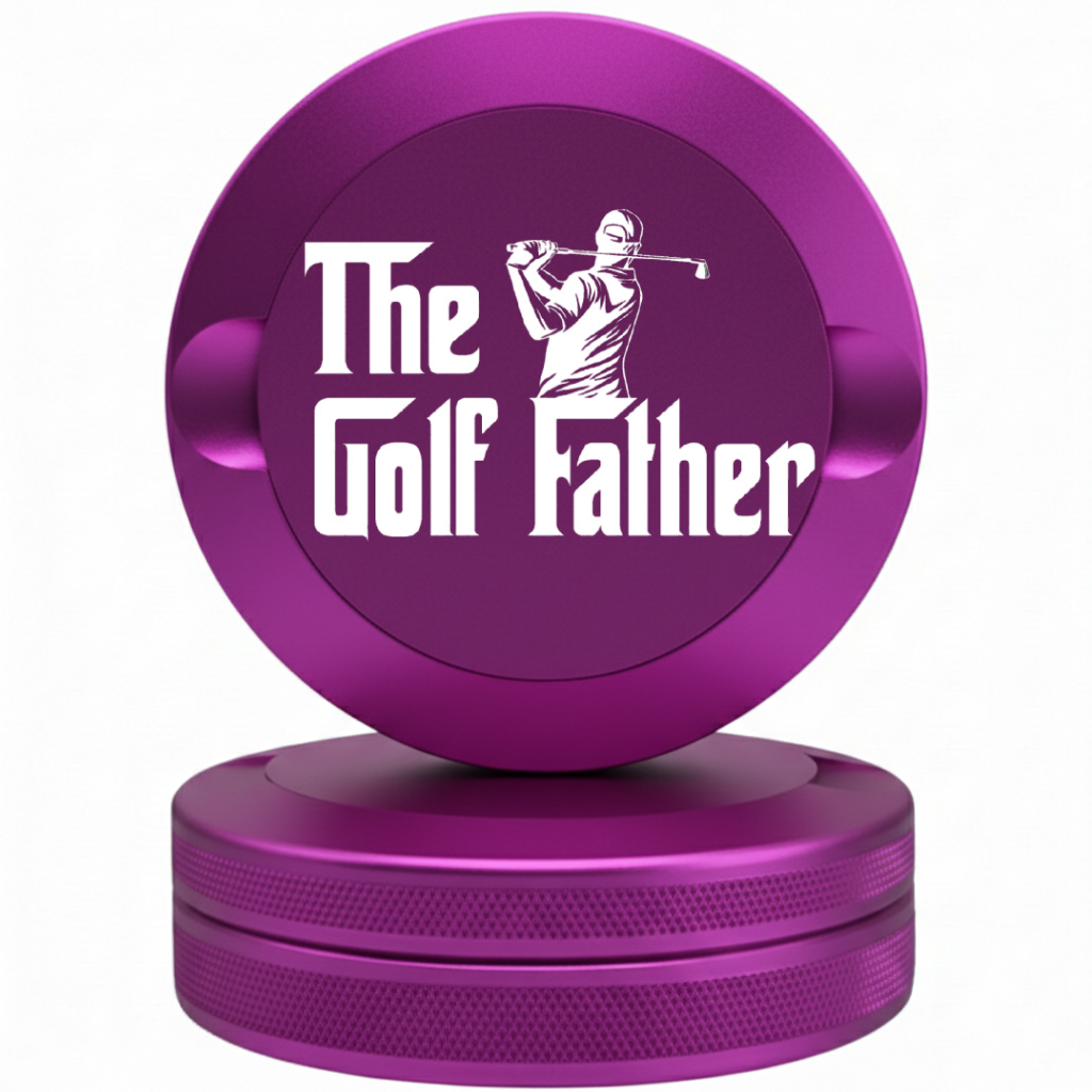 Deep purple anodized aluminum tin with "The Golf Father" custom laser engraving. Lightweight, durable nicotine pouch storage solution.