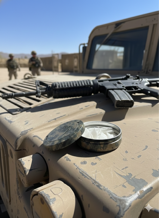 Bin Bros digital camo metal nicotine pouch tin with a laser-engraved logo, positioned as a key piece of gear on a tactical vest alongside a compact GPS unit, paracord, and a matte black multi-tool.