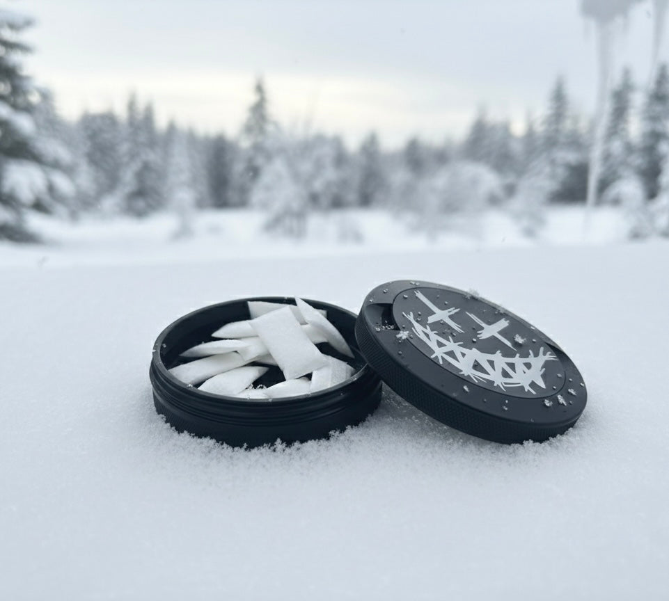 The Anarchy Tin by Bin Bros: a black anodized aluminum metal zyn can featuring a signature laser-engraved jagged grin. This rugged, airtight zyn holder is shown open in the snow, displaying fresh nicotine pouches against a winter forest backdrop.