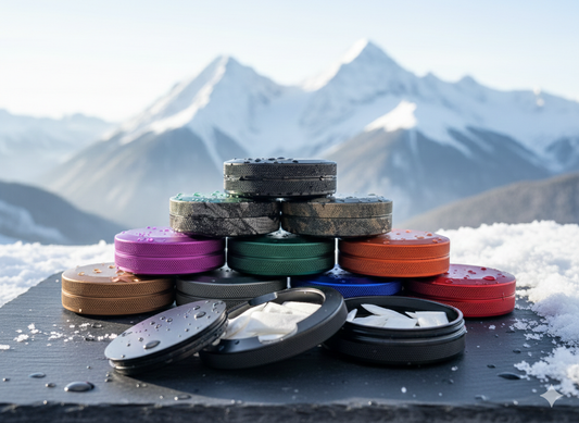 A stack of Bin Bros Co. CNC-machined metal nicotine pouch tins in various anodized colors—teal, orange, and matte black—centered on a vintage drafting table alongside blueprints, brass calipers, and a laser-engraved metal tins.