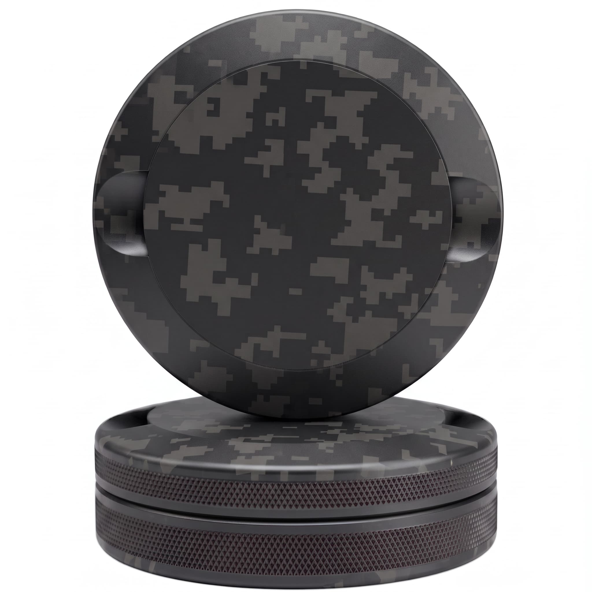 Black digital camouflage CNC-machined aluminum nicotine pouch tin showing lid leaning against base on white background with knurled sides and recessed grip notches visible