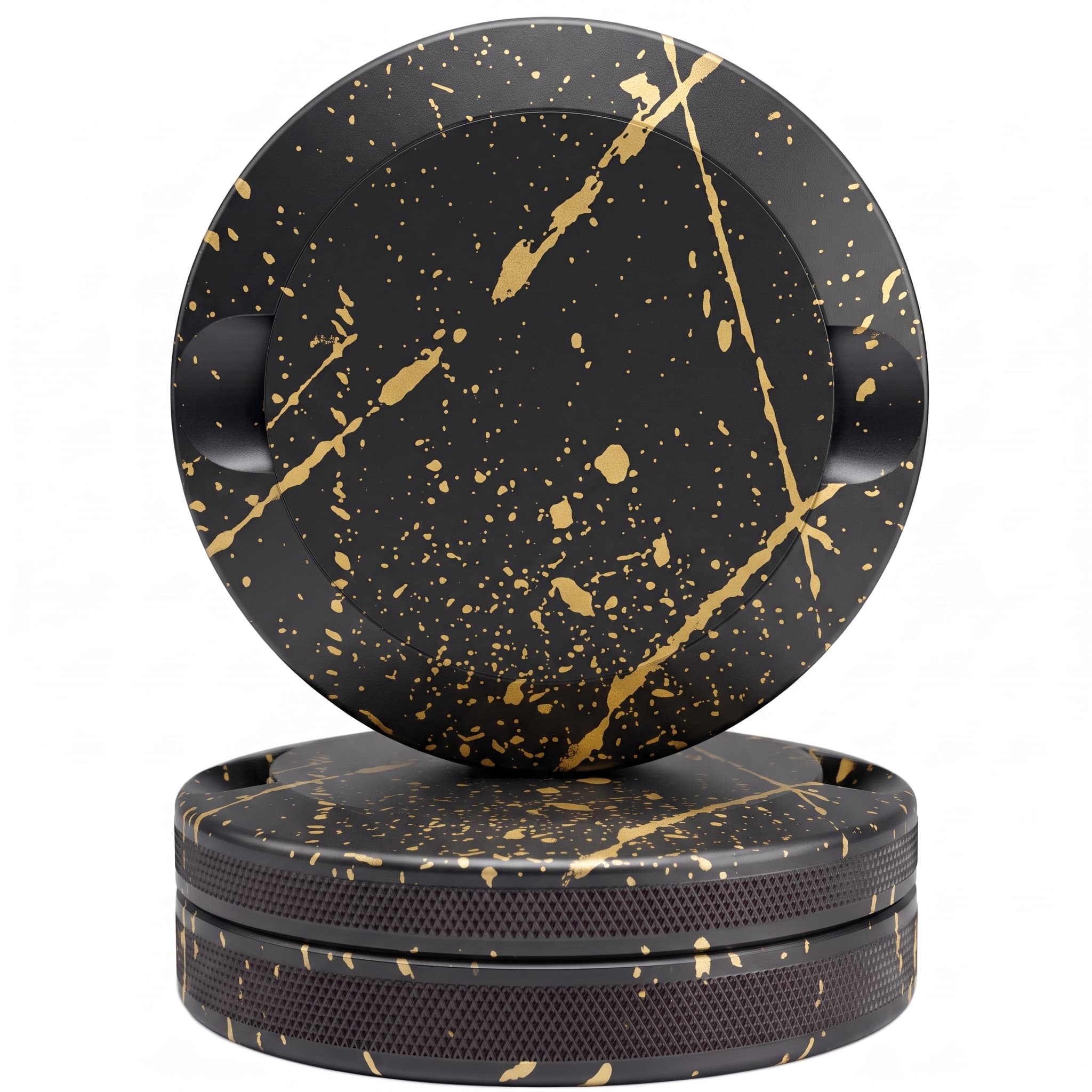 Black and gold paint splatter CNC-machined aluminum nicotine pouch tin showing lid leaning against base on white background with dramatic gold streak and splatter pattern covering the entire surface