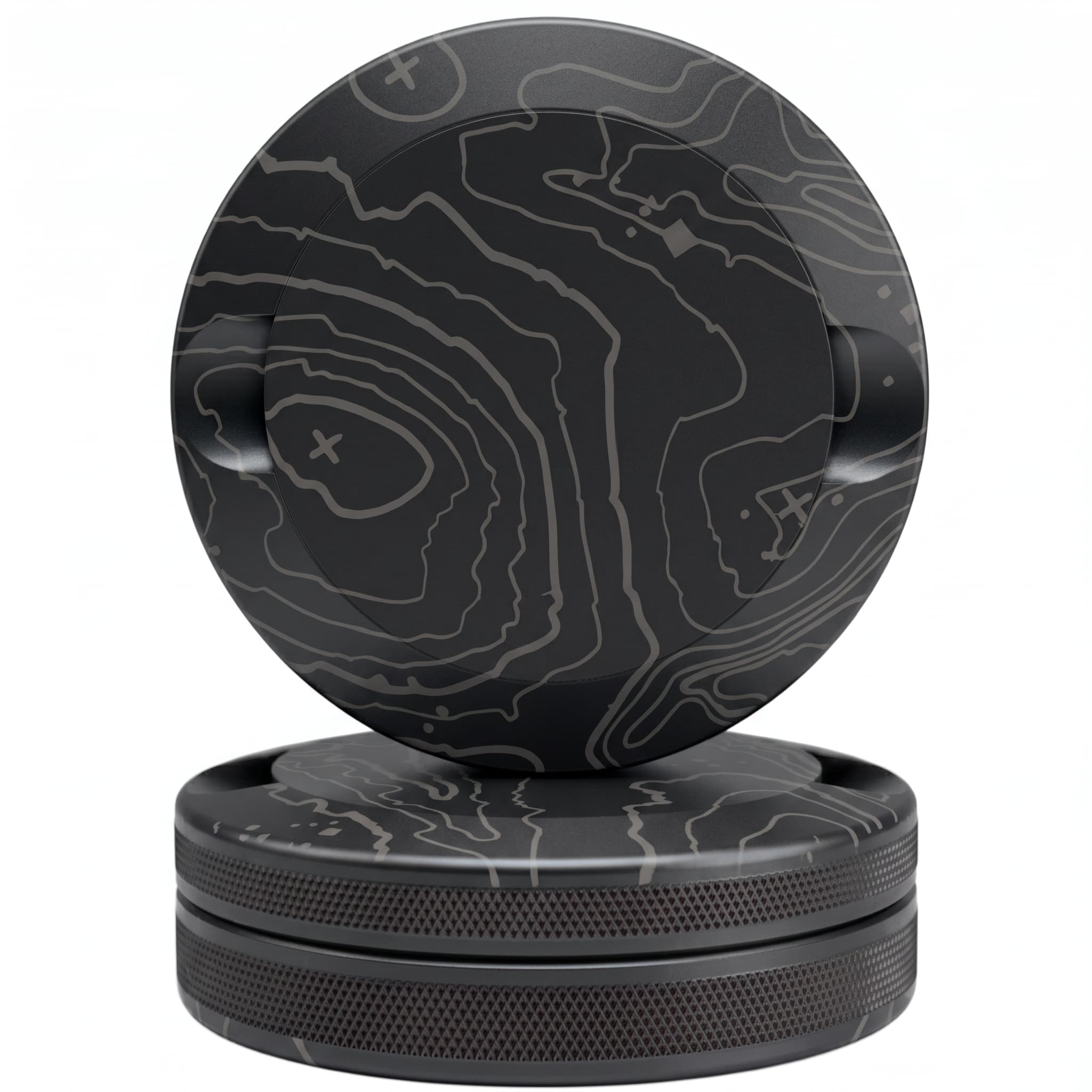 Black topographic map pattern CNC-machined aluminum nicotine pouch tin showing lid leaning against base on white background with contour line design covering the entire surface