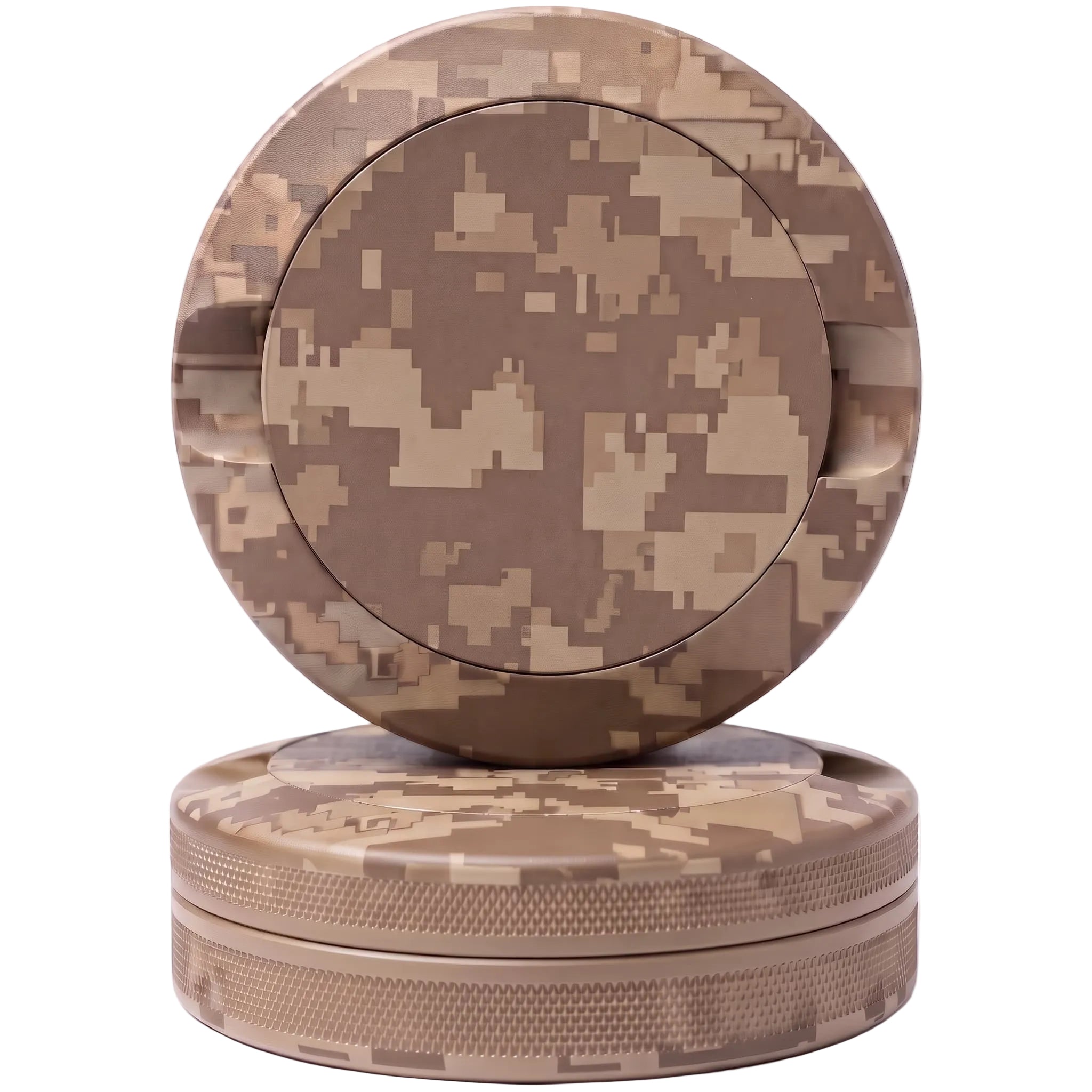 Desert tan digital camouflage CNC-machined aluminum nicotine pouch tin showing lid leaning against base on white background with knurled sides and recessed grip notches visible