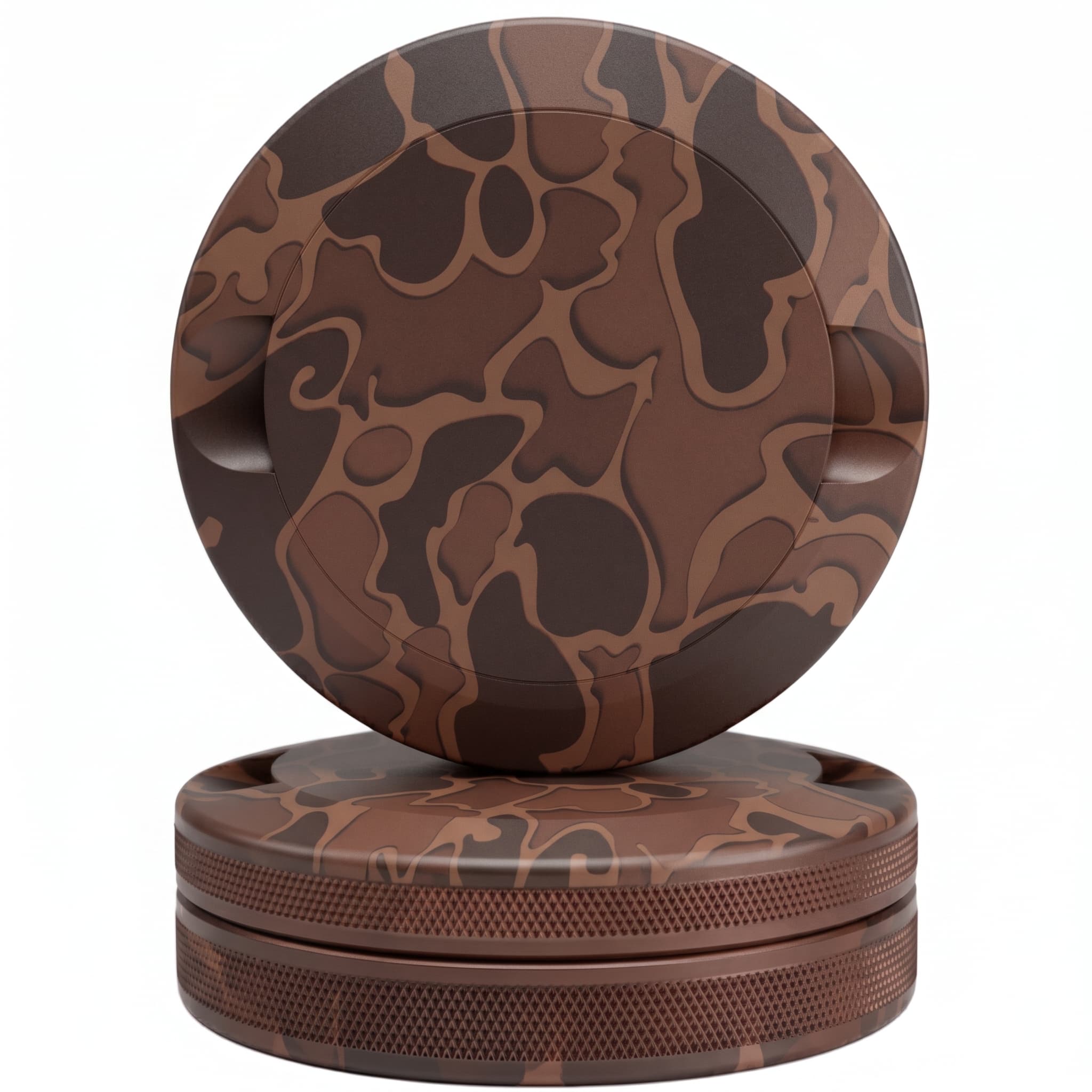 Brown duck hunting camouflage CNC-machined aluminum nicotine pouch tin showing lid leaning against base on white background with organic blob pattern covering the entire surface