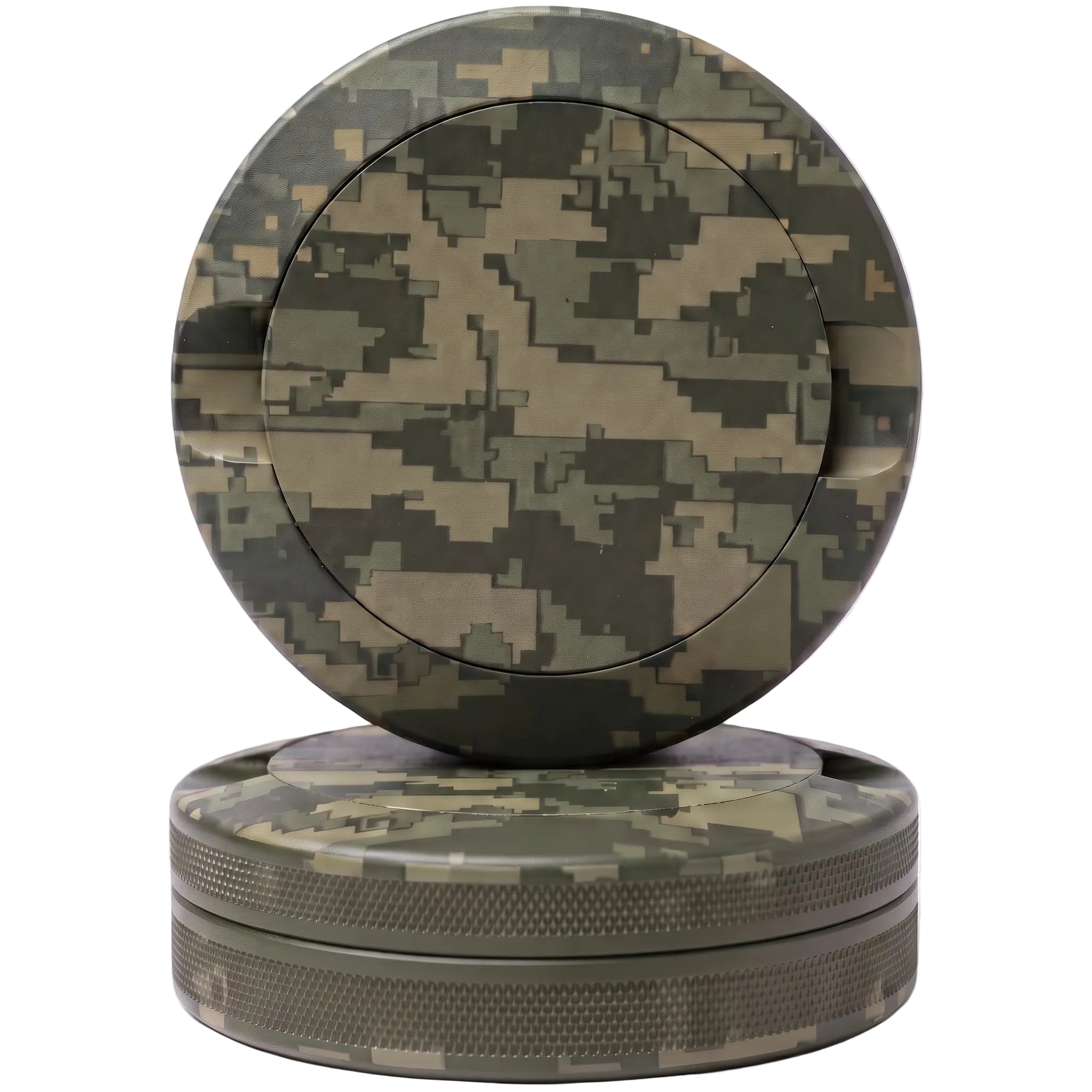 Green digital camouflage CNC-machined aluminum nicotine pouch tin showing lid leaning against base on white background with multi tone green and tan pixel pattern covering the entire surface