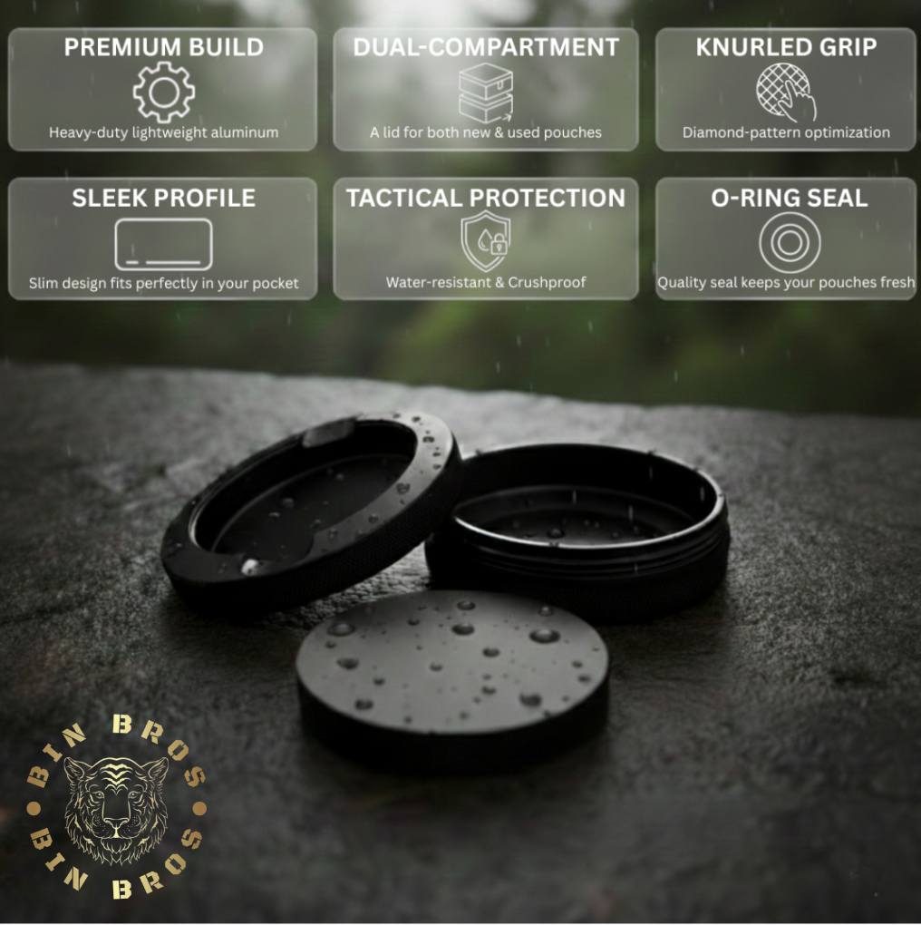 Black pouches with features highlighted on a dark background, featuring the Bin Bros logo.