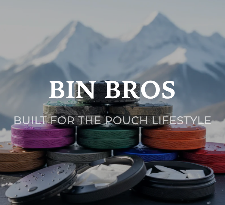 Stack of colorful bins with 'BIN BROS' branding against a mountainous background.