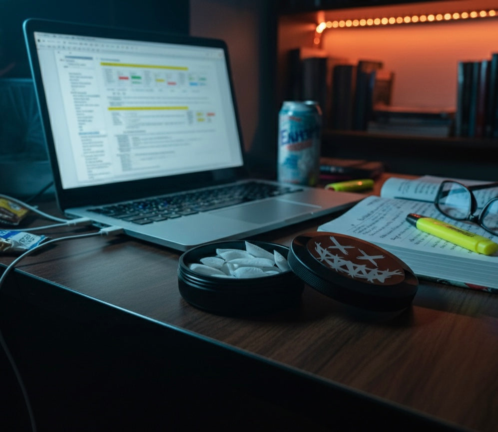 A black Bin Bros anodized aluminum nicotine pouch tin sitting open on a college dorm desk next to a laptop, highlighter, and open textbook during a late-night study session.