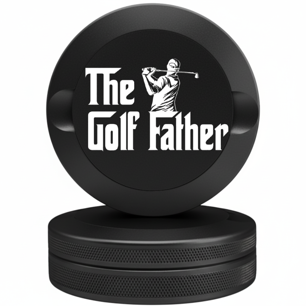 Matte black anodized aluminum nicotine pouch tin featuring a precision laser-engraved "The Golf Father" logo. Durable EDC metal canister for Zyn and Velo.