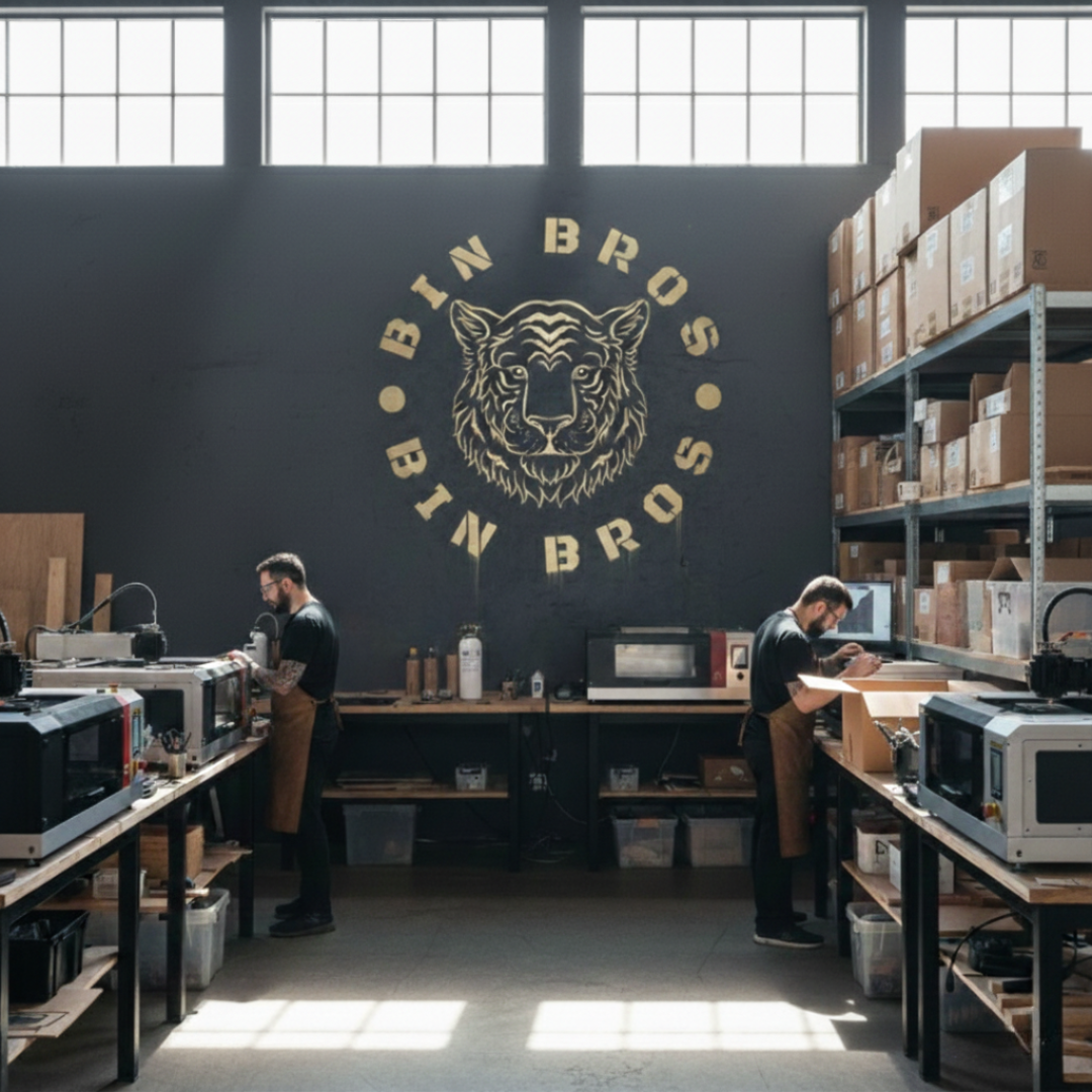 A professional industrial workshop for Bin Bros featuring two technicians operating high-end laser engraving machines to customize anodized aluminum nicotine pouch tins. The background shows a large gold tiger logo on a dark wall with organized warehouse shelving, highlighting a high-quality EDC manufacturing process.