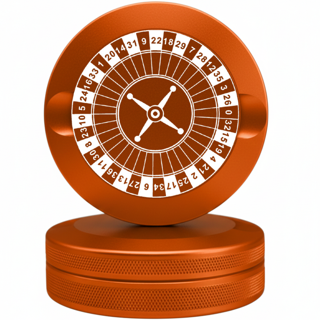 High-Stakes Orange Metal Pouch Tin with Roulette Wheel Engraving - Premium Snus Case Fits Zyn