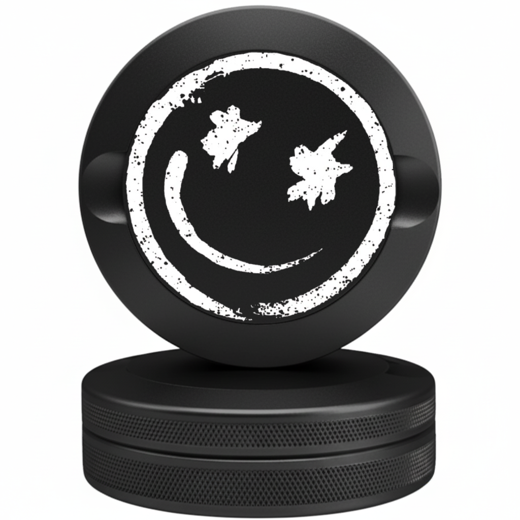 Black aluminum nicotine pouch tin with a good vibes smiley face engraving.