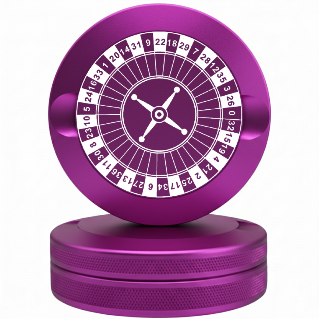 Gambling series purple metal tin for nicotine pouches with roulette wheel engraving