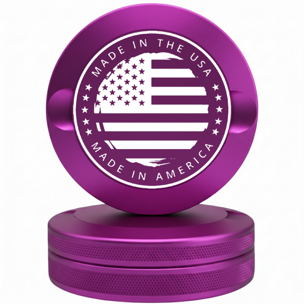 Purple anodized aluminum nicotine pouch tin with laser engraved Made in America logo.