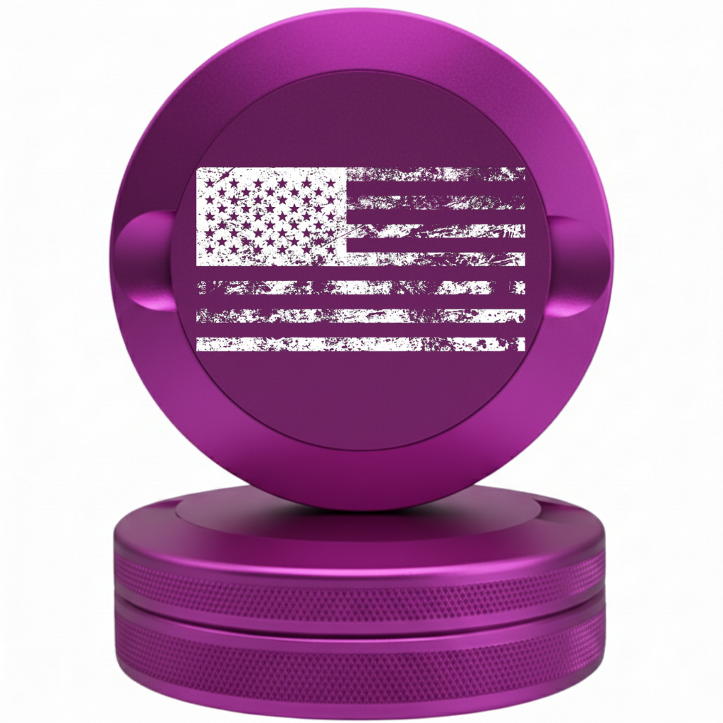 Laser engraved American flag on purple metal nicotine pouch tin - Bin Bros EDC