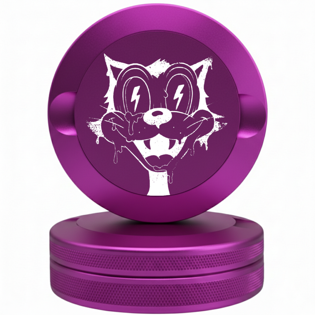 Sleek purple aluminum nicotine pouch case with laser engraved entrepreneur logo.