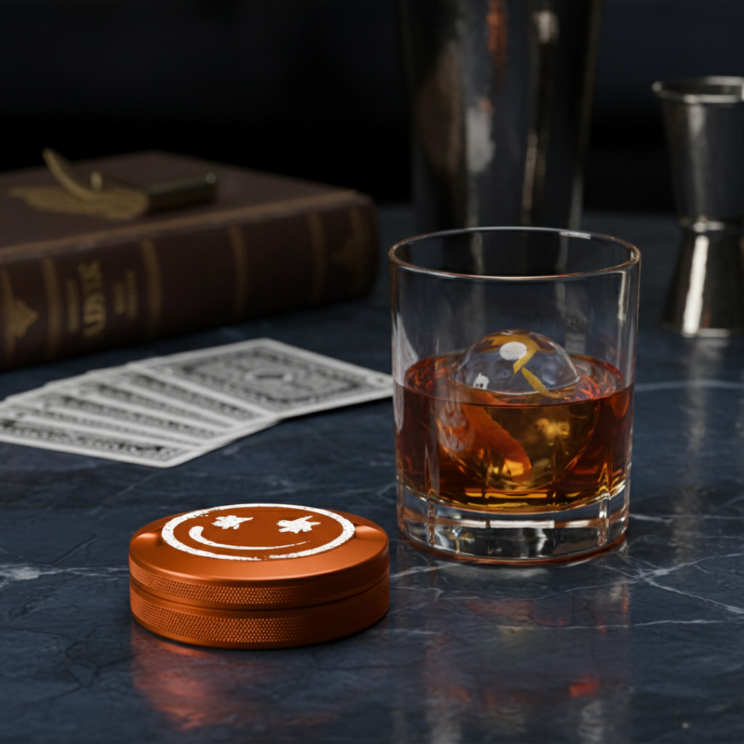 Bin Bros burnt orange metal nicotine pouch tin with a custom smiley face engraving, placed on a dark marble bar next to a glass of whiskey with a clear ice sphere and vintage playing cards.