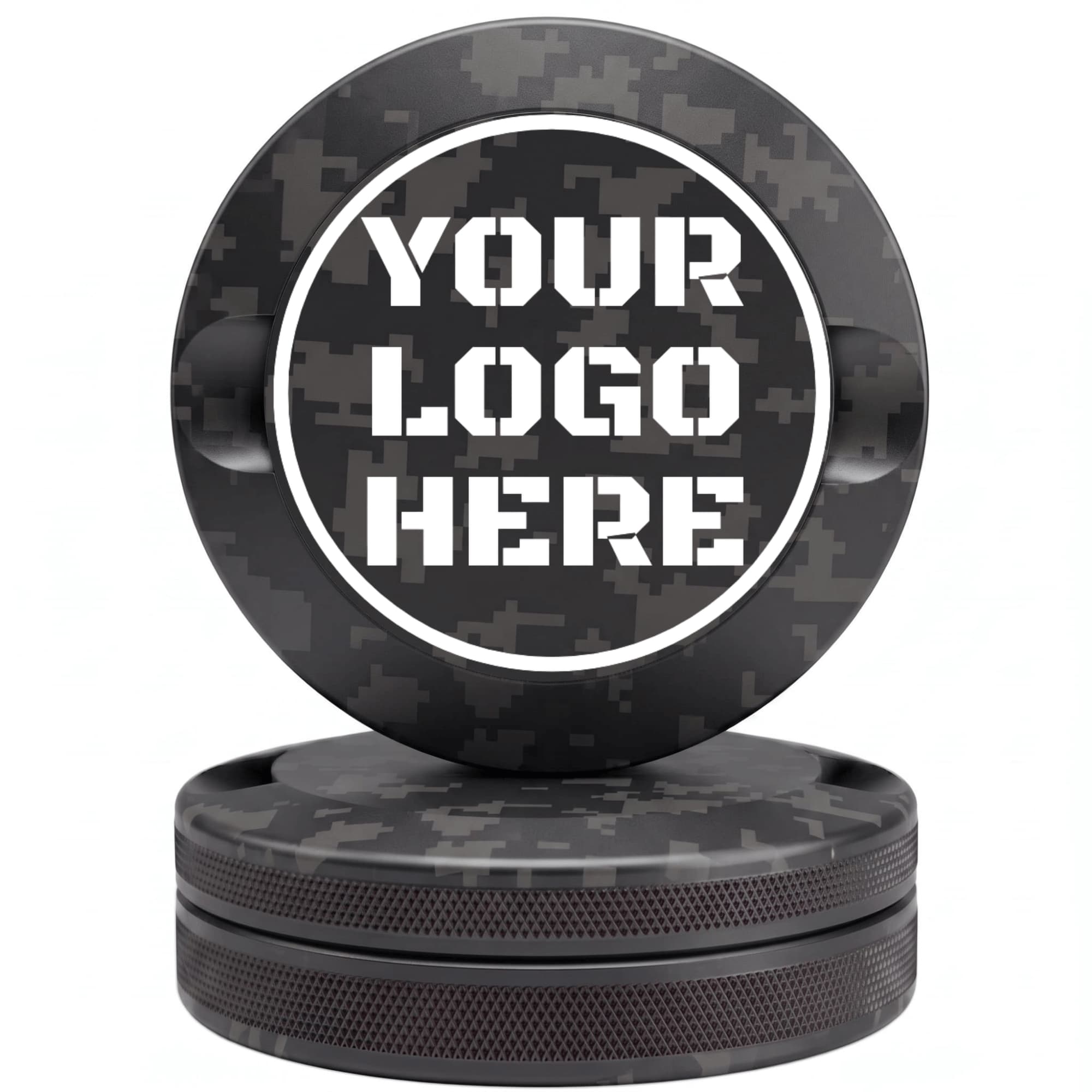 Black digital camouflage CNC-machined aluminum nicotine pouch tin with custom YOUR LOGO HERE laser engraving placeholder in white circle on lid with knurled sides on white background