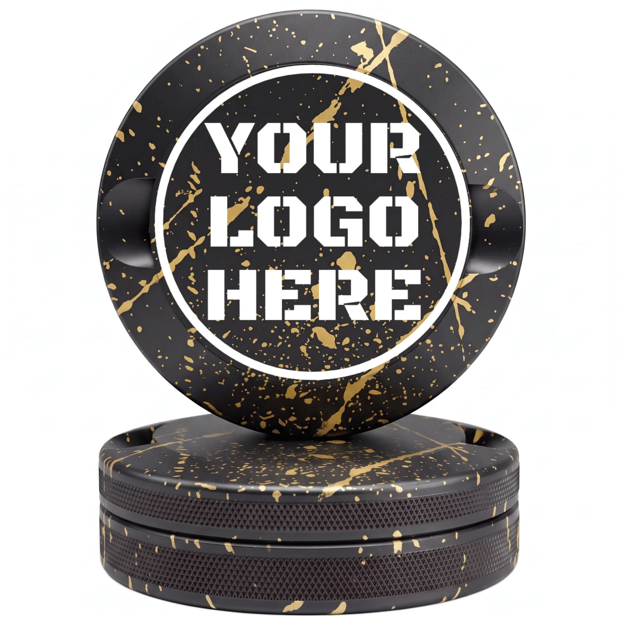 Black and gold paint splatter CNC-machined aluminum nicotine pouch tin with custom YOUR LOGO HERE laser engraving placeholder in white circle on lid with knurled sides on white background
