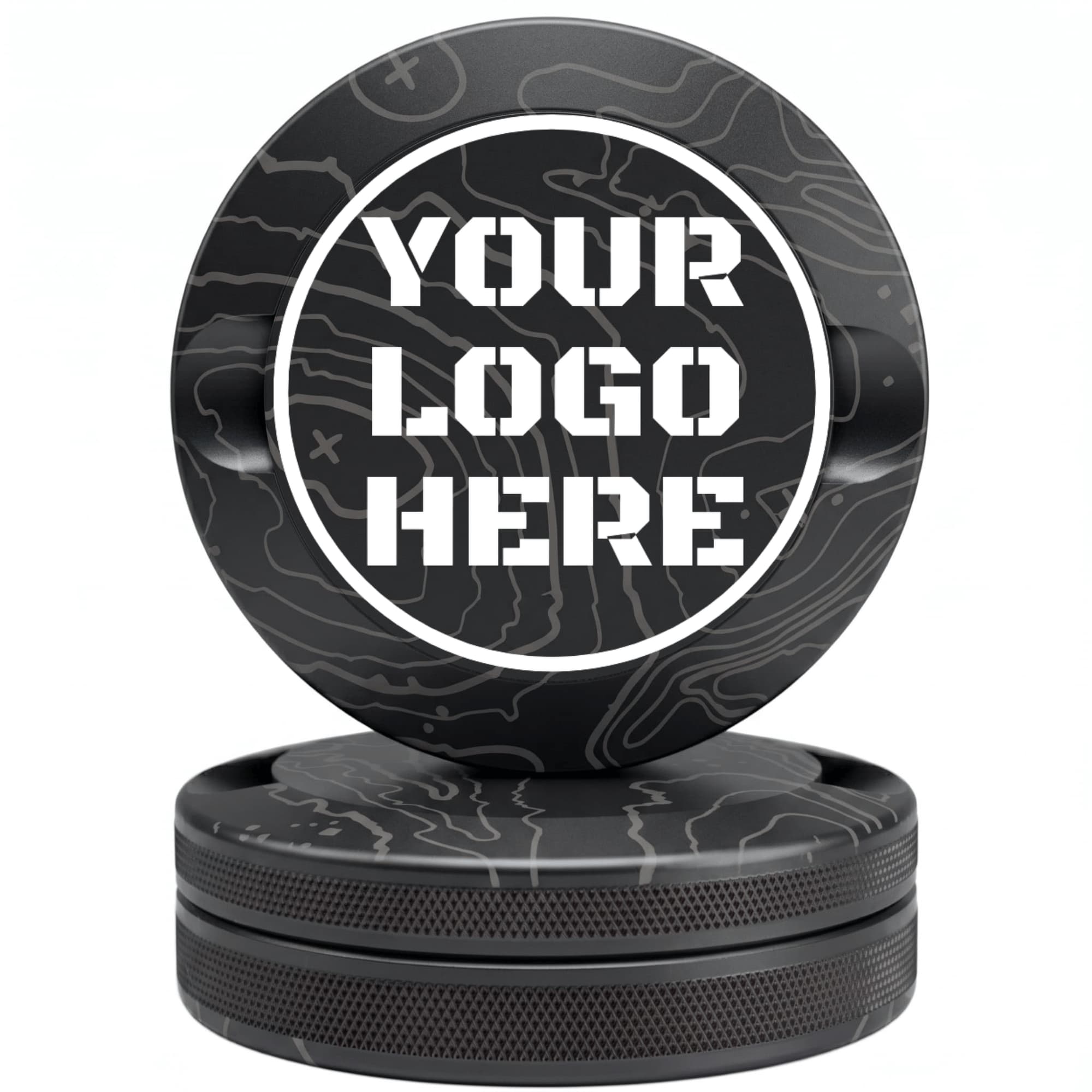 Black topographic map pattern CNC-machined aluminum nicotine pouch tin with custom YOUR LOGO HERE laser engraving placeholder in white circle on lid with knurled sides on white background