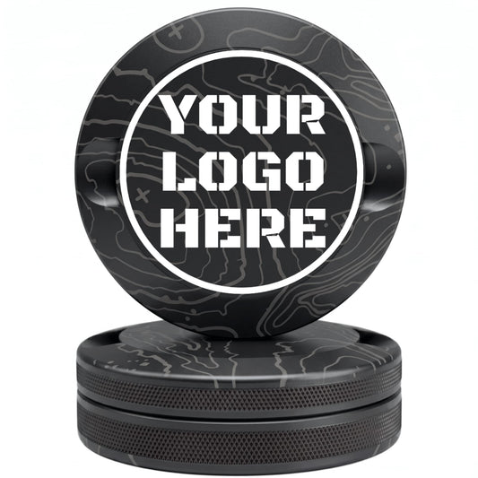 Black topographic map pattern CNC-machined aluminum nicotine pouch tin with custom YOUR LOGO HERE laser engraving placeholder in white circle on lid with knurled sides on white background