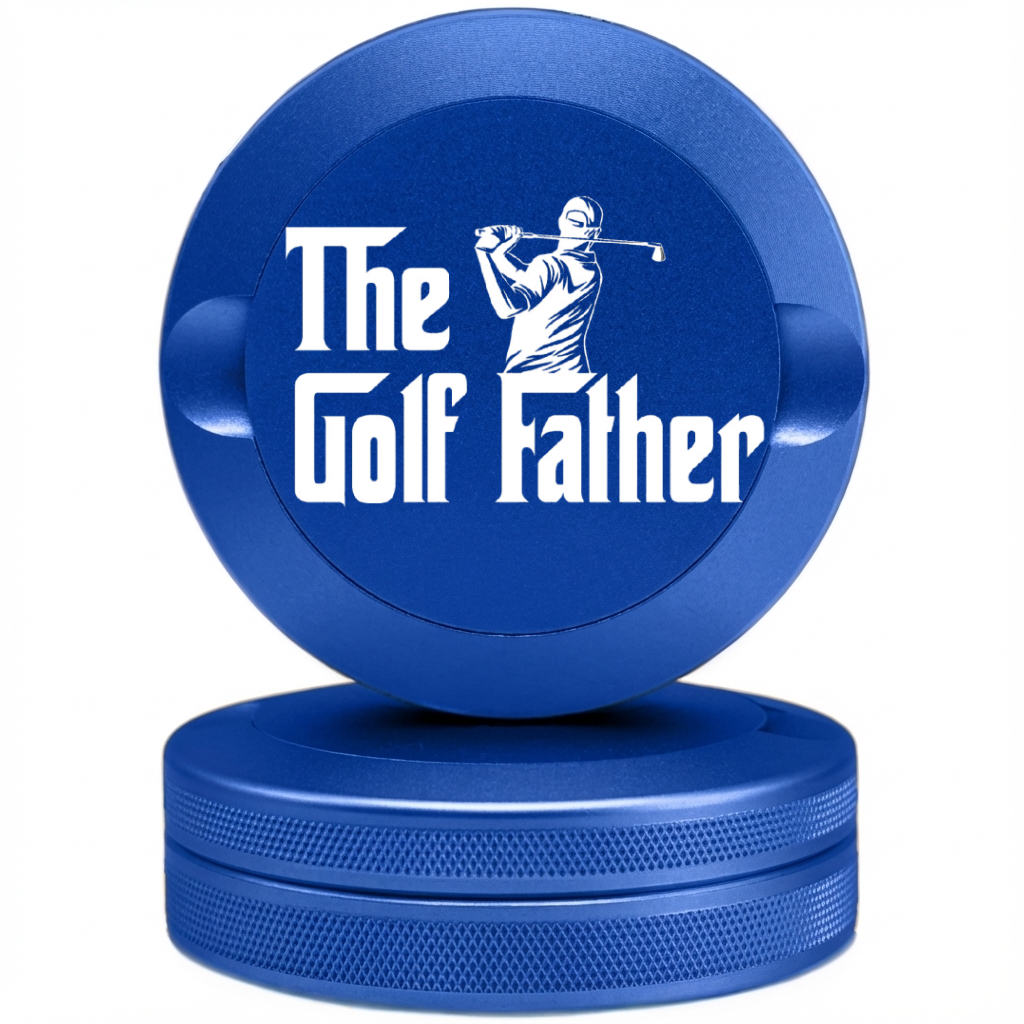 Royal blue anodized metal pouch case featuring "The Golf Father" branding. Waterproof, pocket-sized metal tin for nicotine pouches.