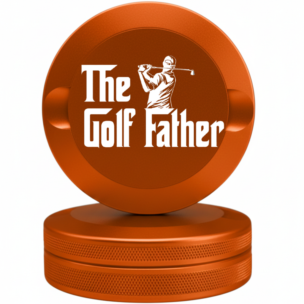 Burnt orange anodized nicotine pouch container featuring "The Golf Father" logo. High-visibility metal EDC tin for golfers and enthusiasts.
