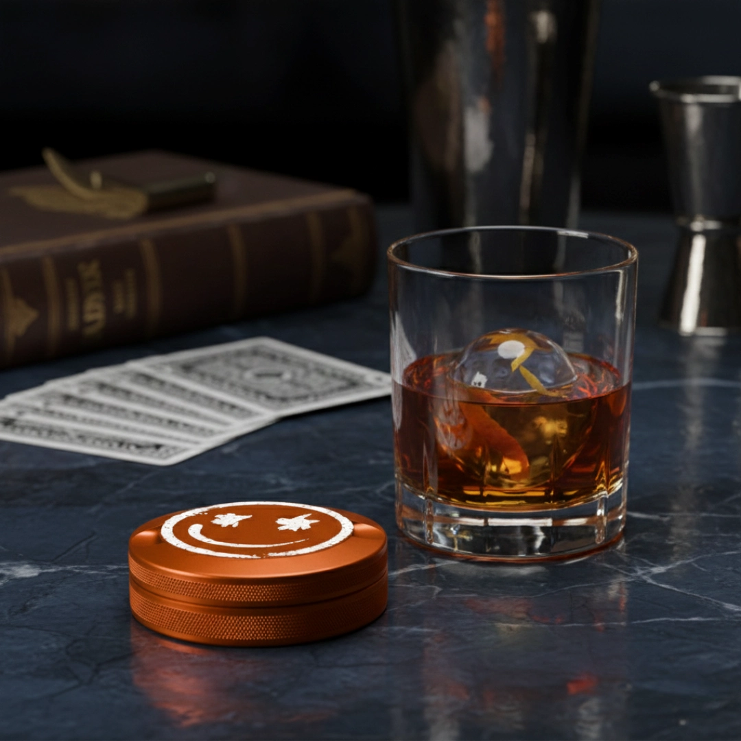 Bin Bros burnt orange metal nicotine pouch tin with a custom smiley face engraving, placed on a dark marble bar next to a glass of whiskey with a clear ice sphere and vintage playing cards.
