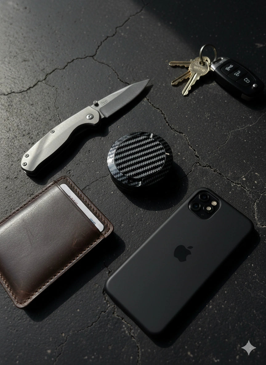 Carbon fiber pattern nicotine pouch container by Bin Bros featured in an everyday carry (EDC) flat lay on asphalt, alongside a folding knife, leather wallet, black smartphone, and car keys.