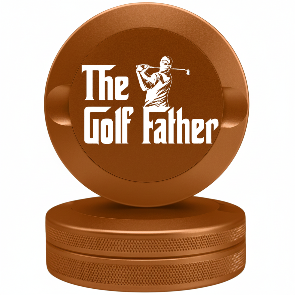Metallic copper-colored aluminum pouch tin with "The Golf Father" golf design. Luxury metal EDC canister with high-contrast laser etching.