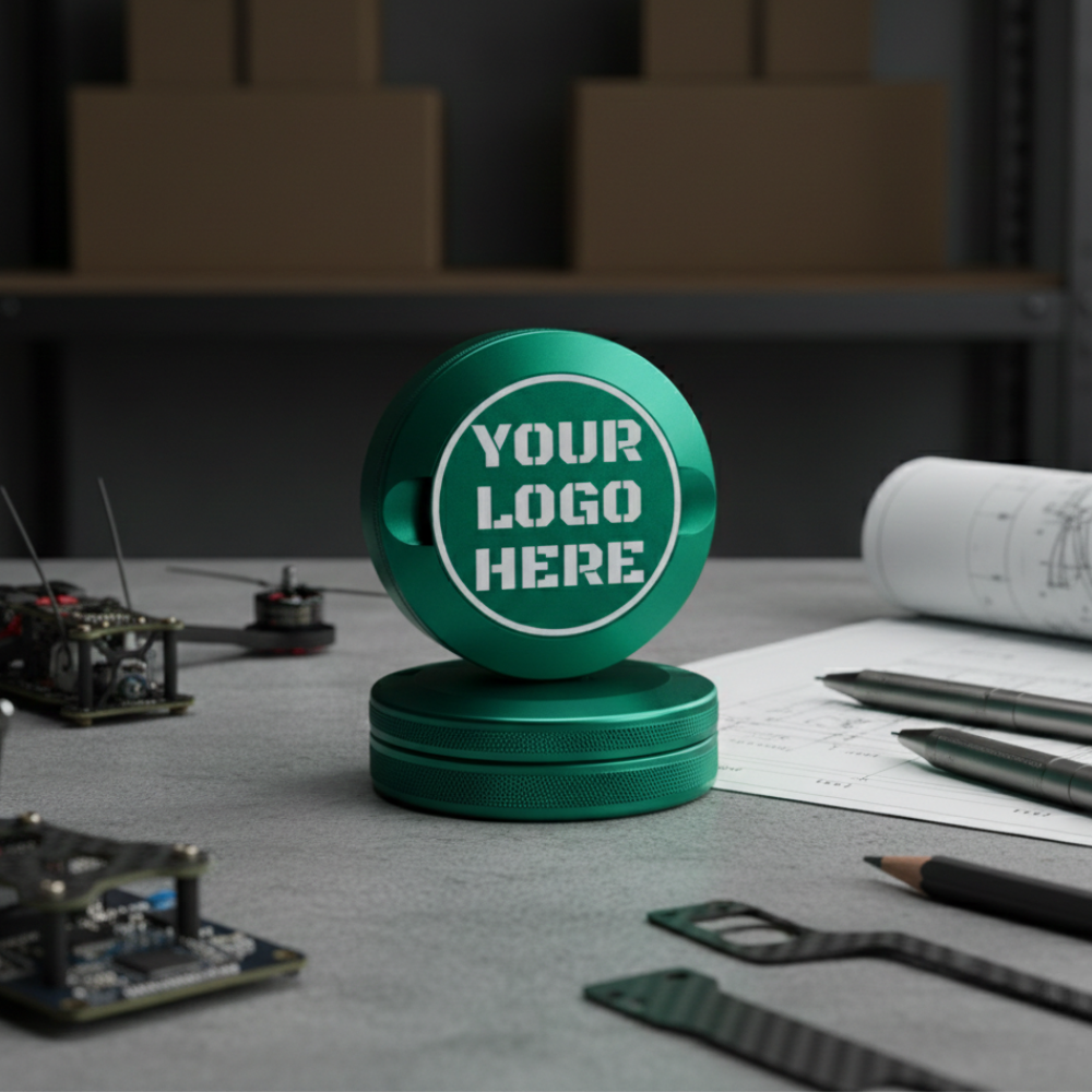 Custom metal ZYN can in green anodized aluminum featuring a "Your Logo Here" laser engraving placeholder on a workbench.