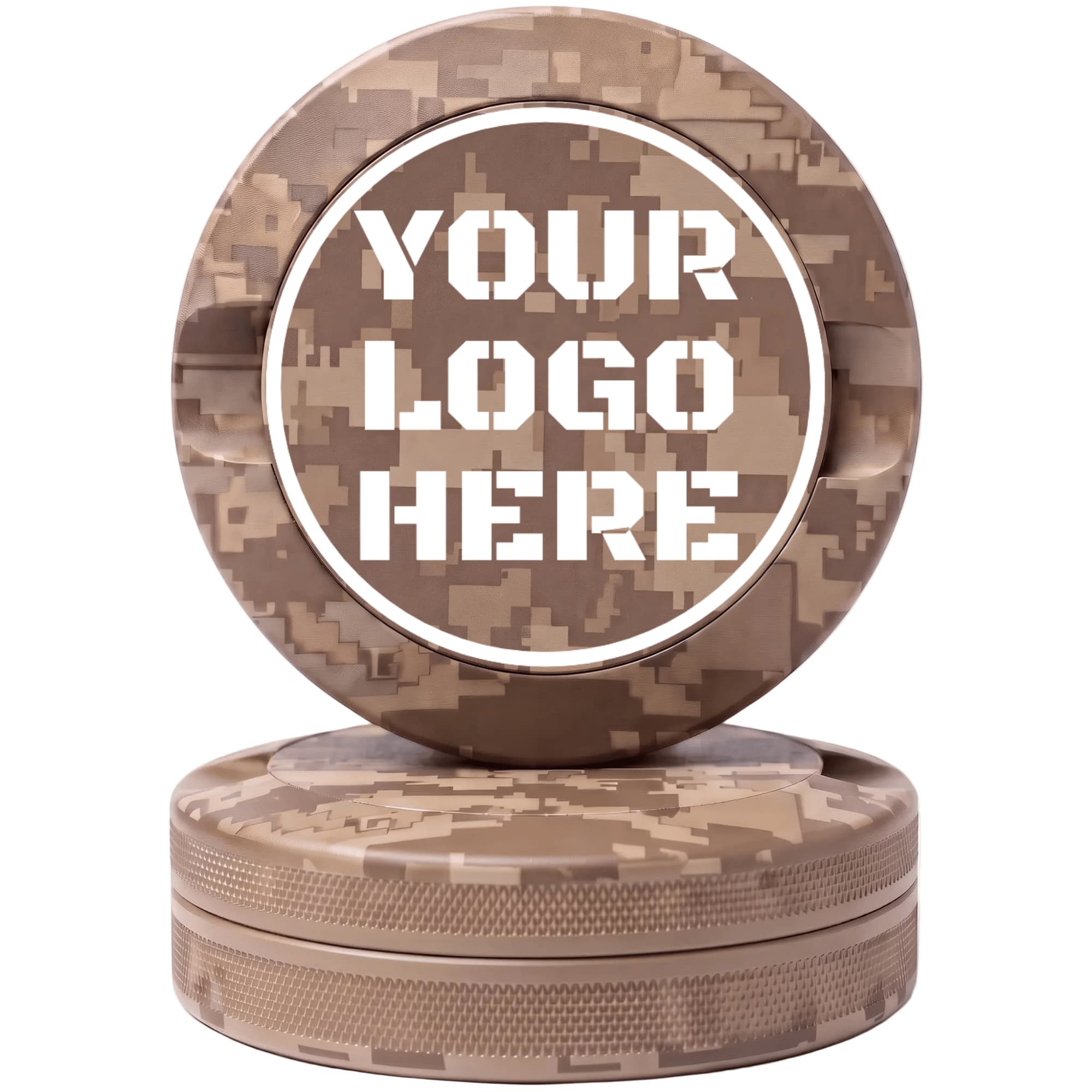 Desert tan digital camouflage CNC-machined aluminum nicotine pouch tin with custom YOUR LOGO HERE laser engraving placeholder in white circle on lid with knurled sides on white background
