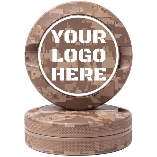 Desert tan digital camouflage CNC-machined aluminum nicotine pouch tin with custom YOUR LOGO HERE laser engraving placeholder in white circle on lid with knurled sides on white background