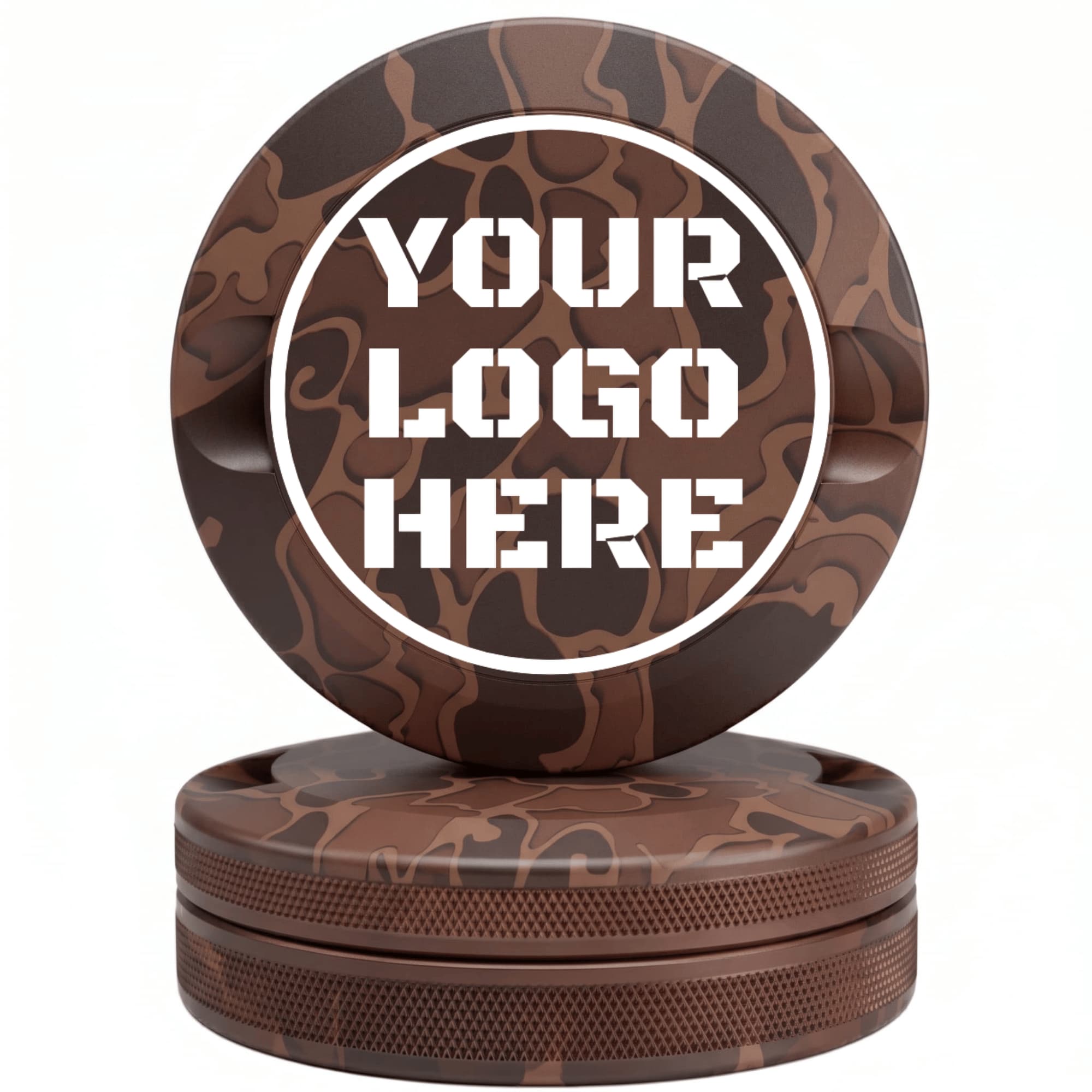 Brown duck hunting camouflage CNC-machined aluminum nicotine pouch tin with custom YOUR LOGO HERE laser engraving placeholder in white circle on lid with knurled sides on white background