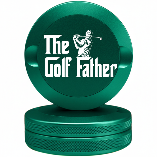 Forest green aluminum nicotine can with "The Golf Father" design. Laser-etched customizable EDC gear for outdoor and golf course use.
