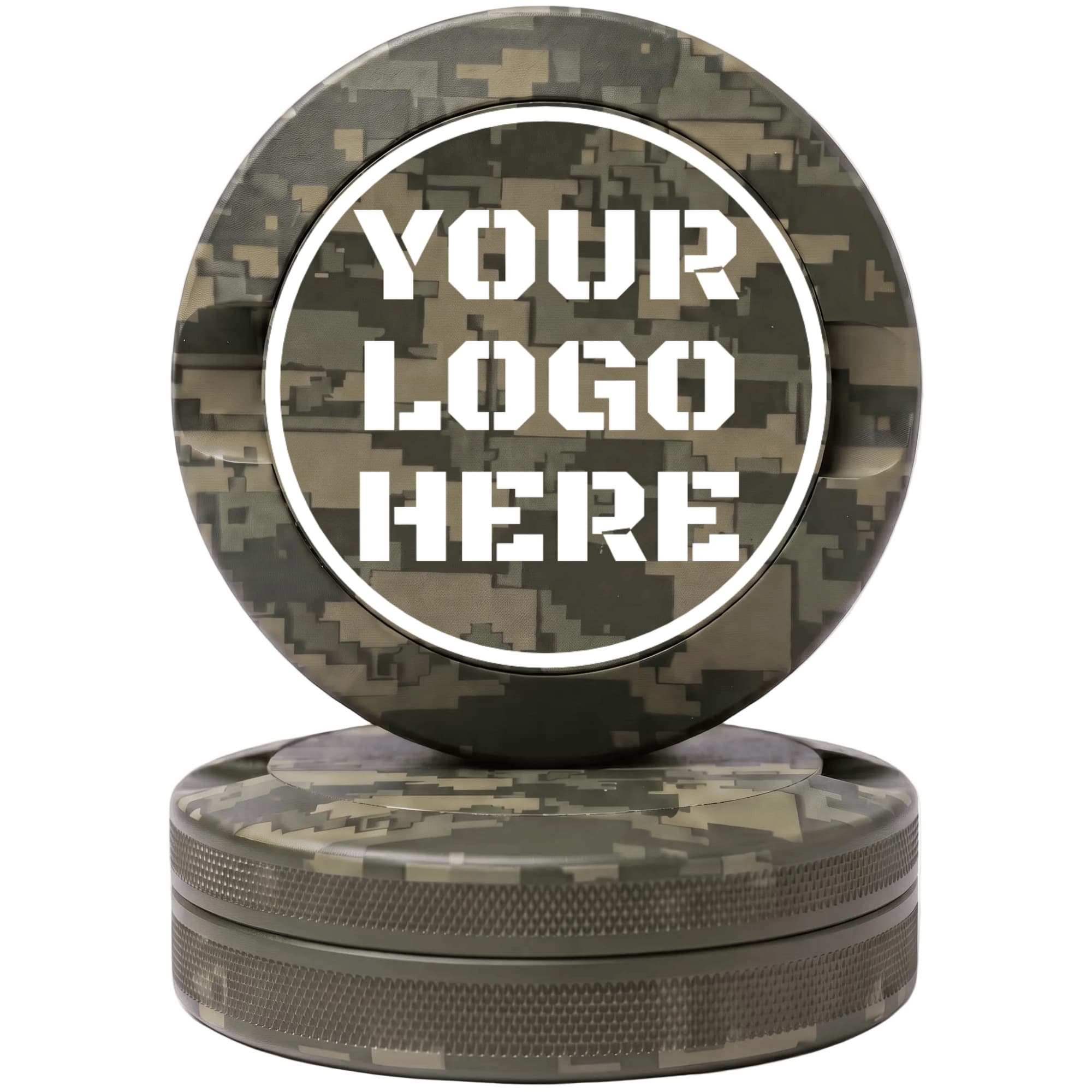 Green digital camouflage CNC-machined aluminum nicotine pouch tin with custom YOUR LOGO HERE laser engraving placeholder in white circle on lid with knurled sides on white background