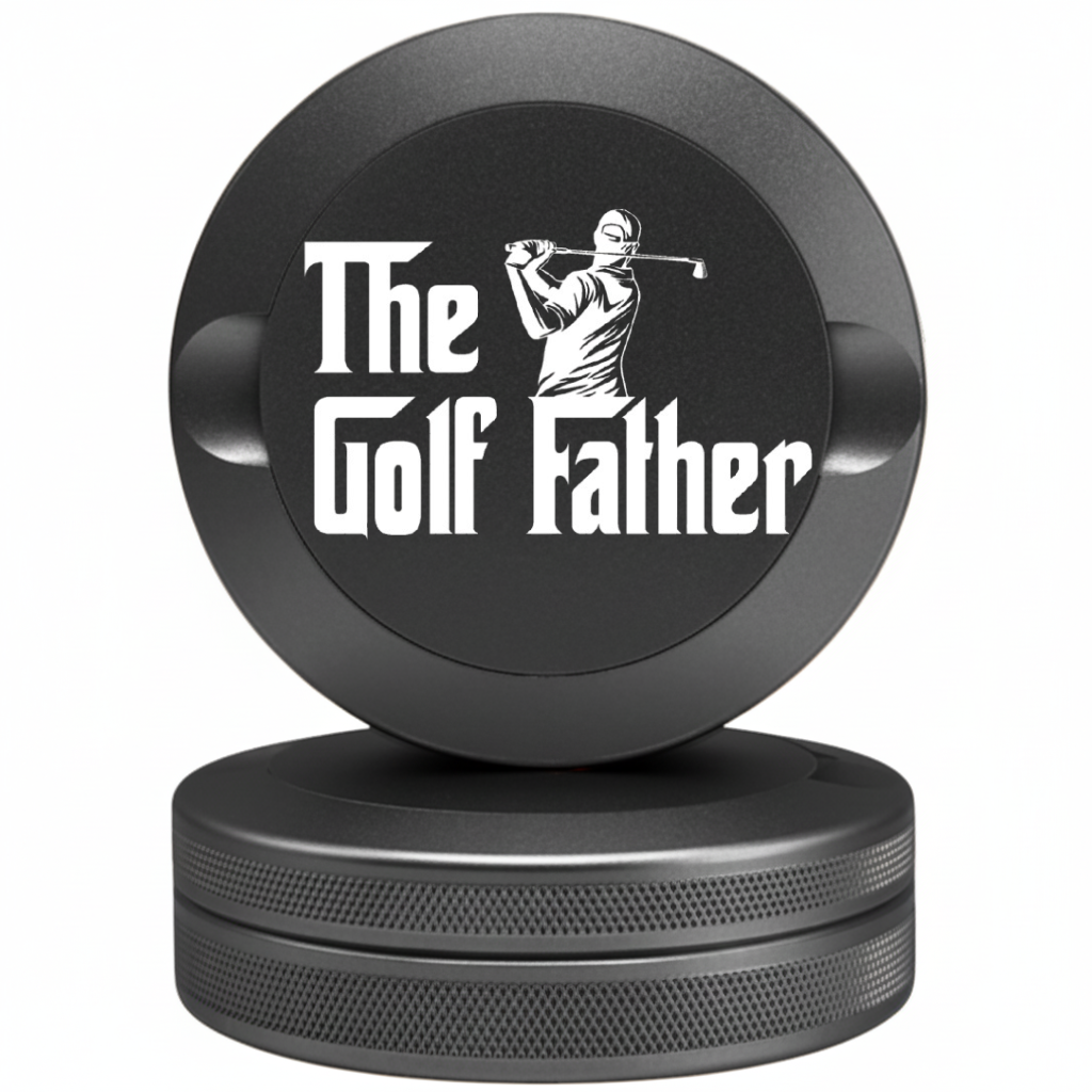 gun-metal grey metal storage tin with "The Golf Father" golf-themed engraving. High-quality CNC-machined aluminum pouch container for golfers.
