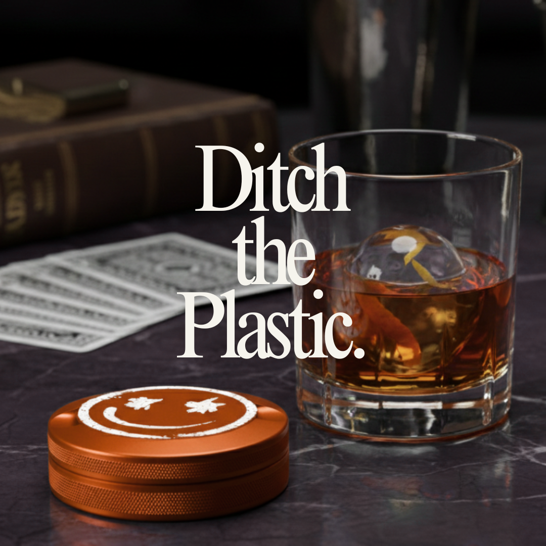 lifestyle photo of a Aluminum metal zyn can with a glass of whiskey on a dark surface, featuring 'Ditch the Plastic' text.