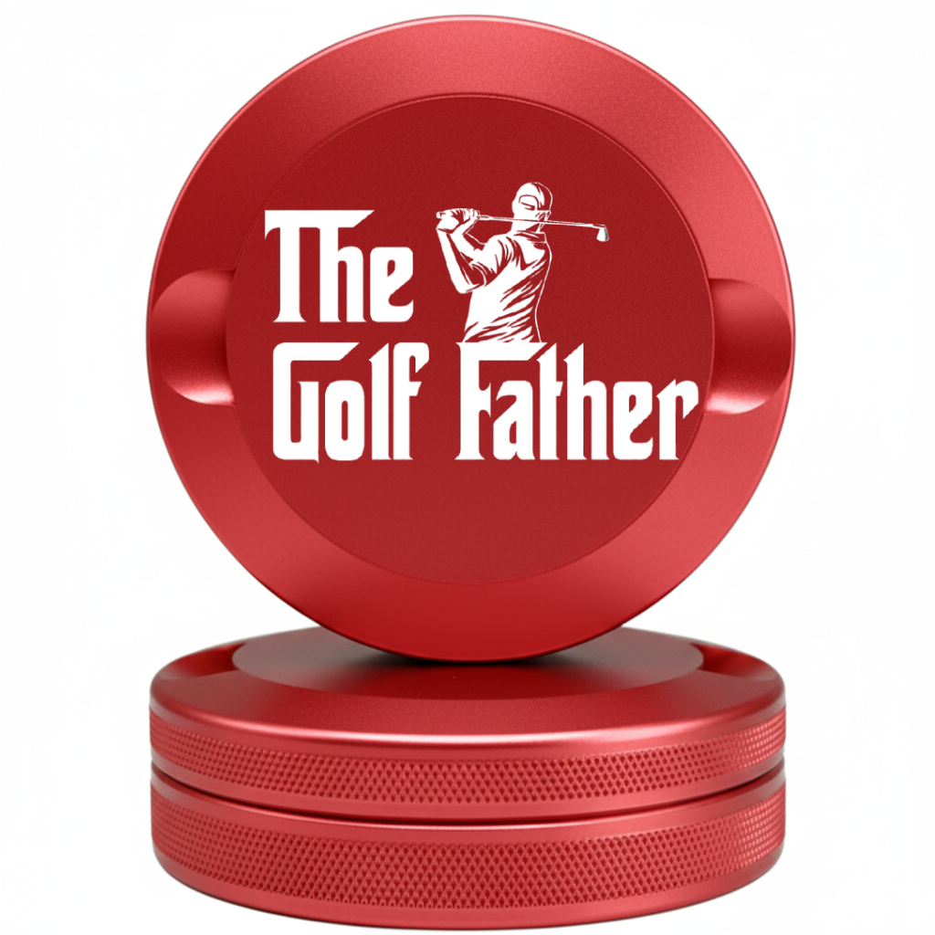 Crimson red metallic nicotine pouch canister with "The Golf Father" laser-etched graphics. Premium Bin Bros aluminum EDC accessory.